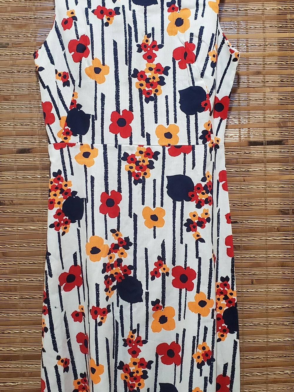 Vintage Danville White Sleeveless Floral Midi Dress with Red, Yellow & Navy